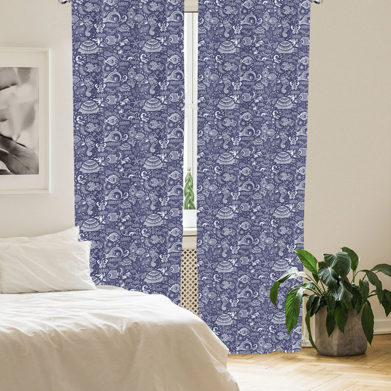 Navy Blue and White Under the Sea Polyester Curtain Panels