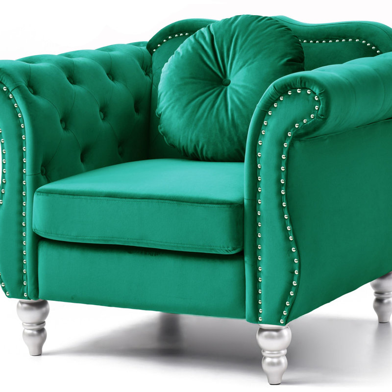 Elegant Green Velvet Accent Chair with Wood Legs