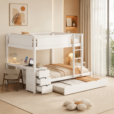 Full-Over-Full Bunk Bed With Twin Size Trundle, Storage And Desk with 2 USB and two three-hole plugs