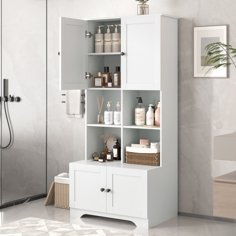 Armoire de rangement haute et large pour salle de bain, unité de rangement pour salle de bain, armoire autoportante avec 4 portes, tablettes réglables, tablettes ouvertes multicouches