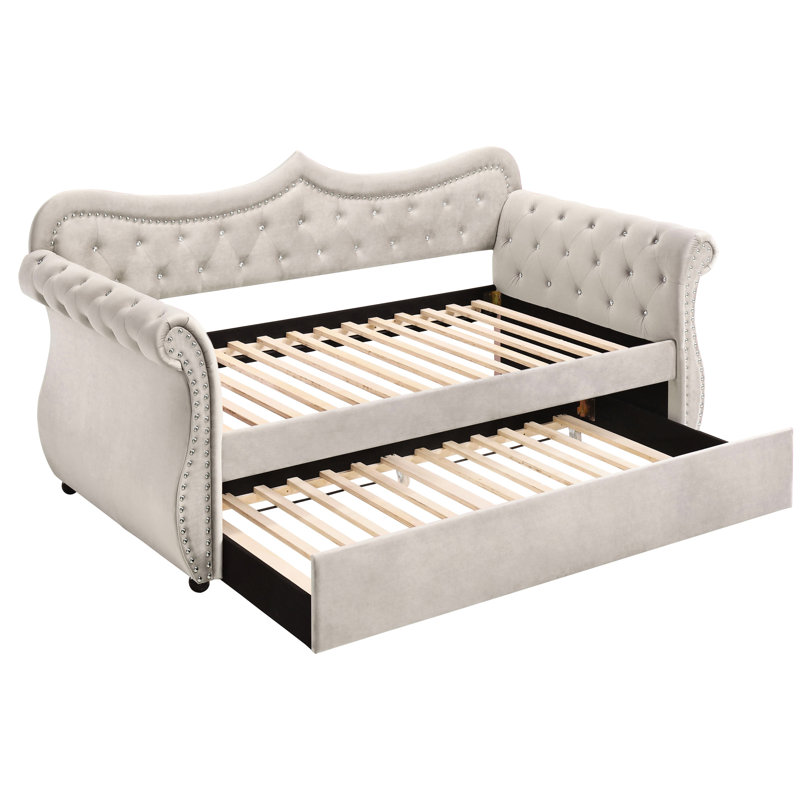 Beige Upholstered Twin Daybed with Trundle