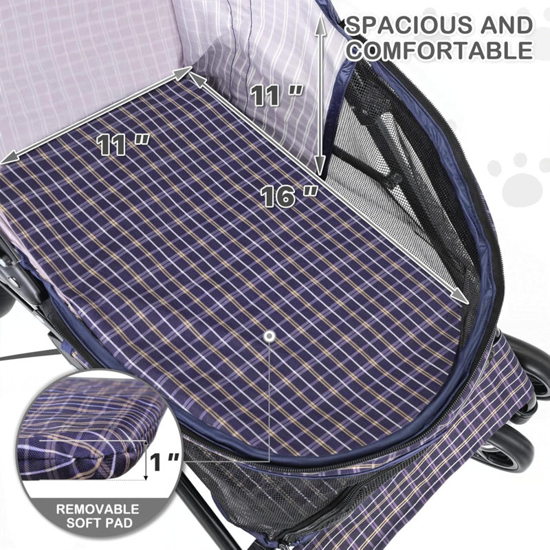 Poussette 4 roues pour animal de compagnie, parapluie facile à plier en forme de poussette de chat pour chat avec sac de rangement et filet visible pour chien à carreaux