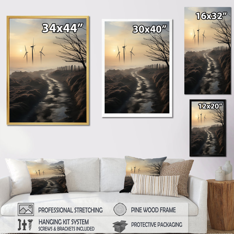 Wind Turbines Twilight sur toile, H 44 po x l 34 po x P 1,5 po, Cadre flottant noir
