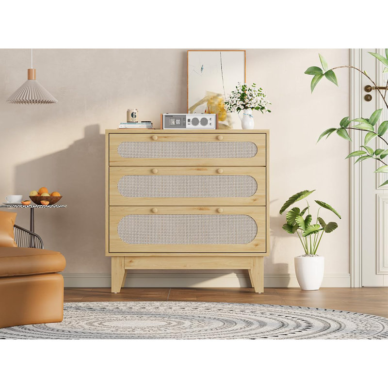Commode 3 tiroirs en rotin, Chêne