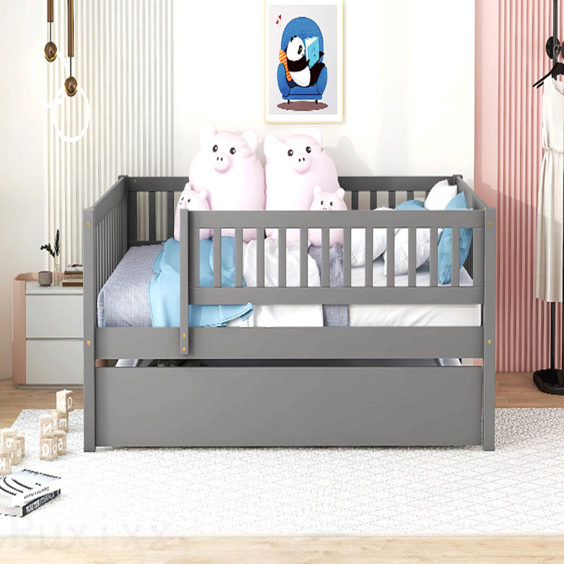 Lit de jour double en bois avec couchette et garde-corps, gris, Full, Grey