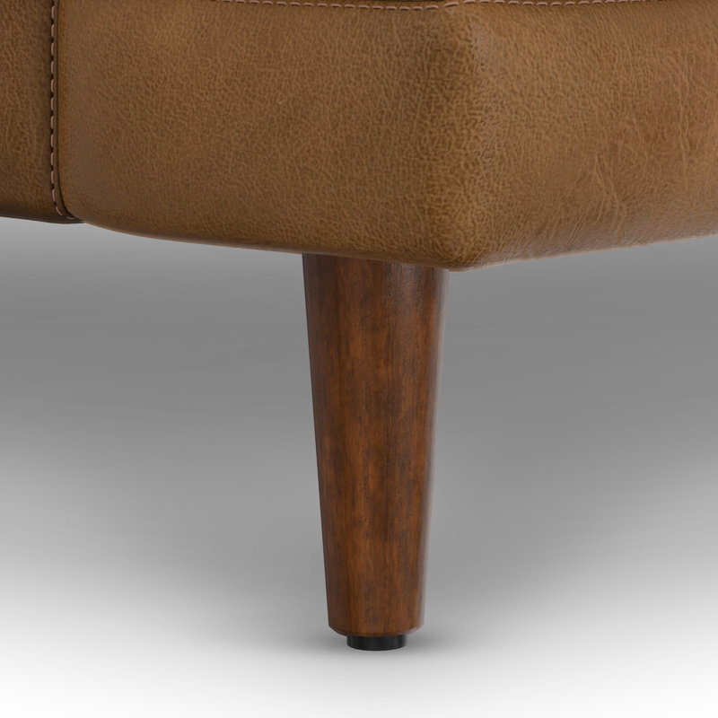 Caramel Brown Genuine Leather Mid-Century Modern Sofa with Removable Cushions