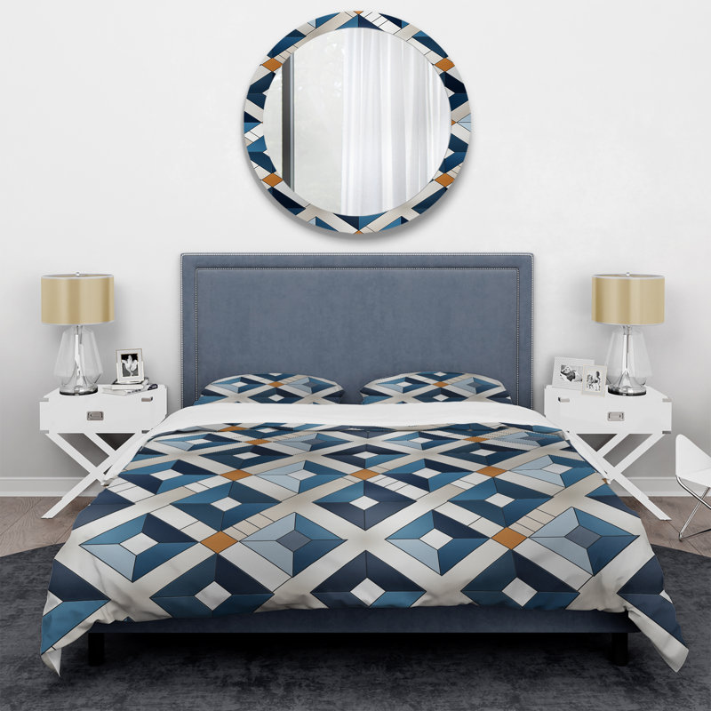 Nordic Cobalt Blue Tiles - Ensemble de housse de couette géométrique, Housse de couette pour très grand lit et 2 très