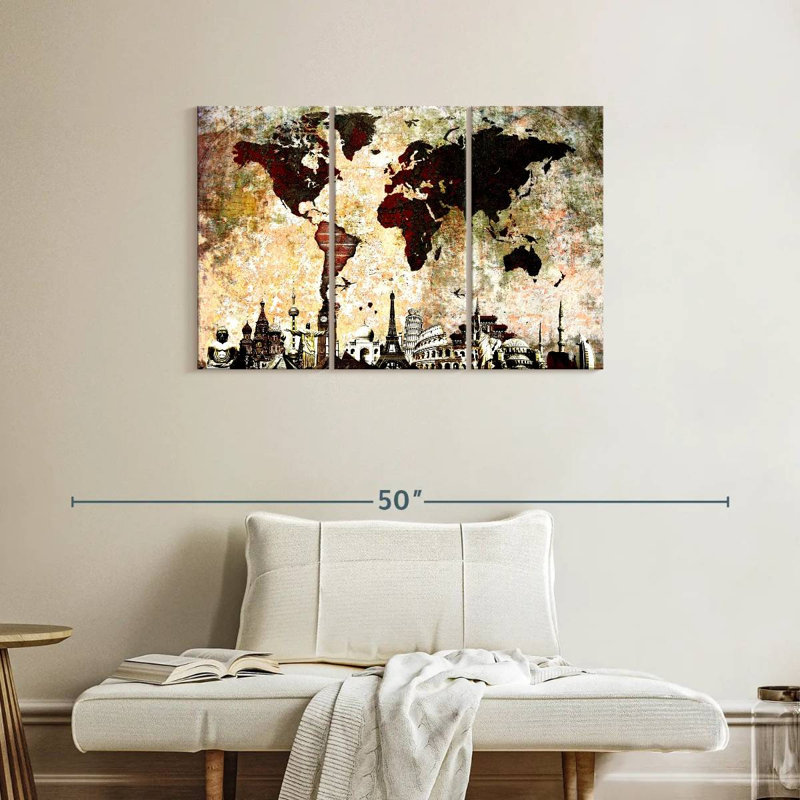 " Brick World Map " 3 Piece Art Set, 24" H x 38" W x 1.25" D
