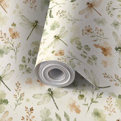 Peel and Stick Wallpaper Contact Paper Botanical Dragonfly Watercolor Leaves Self Adhesive and Removable 24in x 118in(60x300cm)