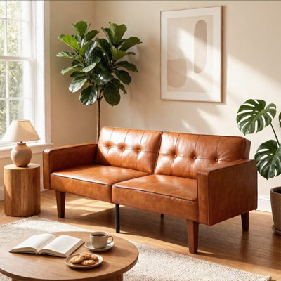 Modern Convertible Sofa Bed, Adjustable Backrest 2-Seater Pu Leather Futon With Armrests, Sleeper Couch For Living Room & Home Office, Contemporary Faux Leather Sofa