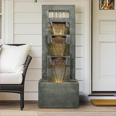 Fontaines | Fontaine à DEL moderne à 5 niveaux H 40 po, décoration de jardin intérieur et extérieur | Béton / ciment | Cascade à plusieurs niveaux