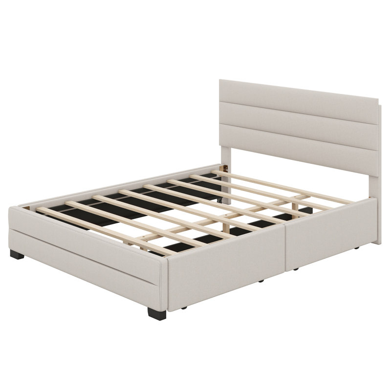 Lit plateforme tapissier avec lit gigogne et tiroirs, Beige