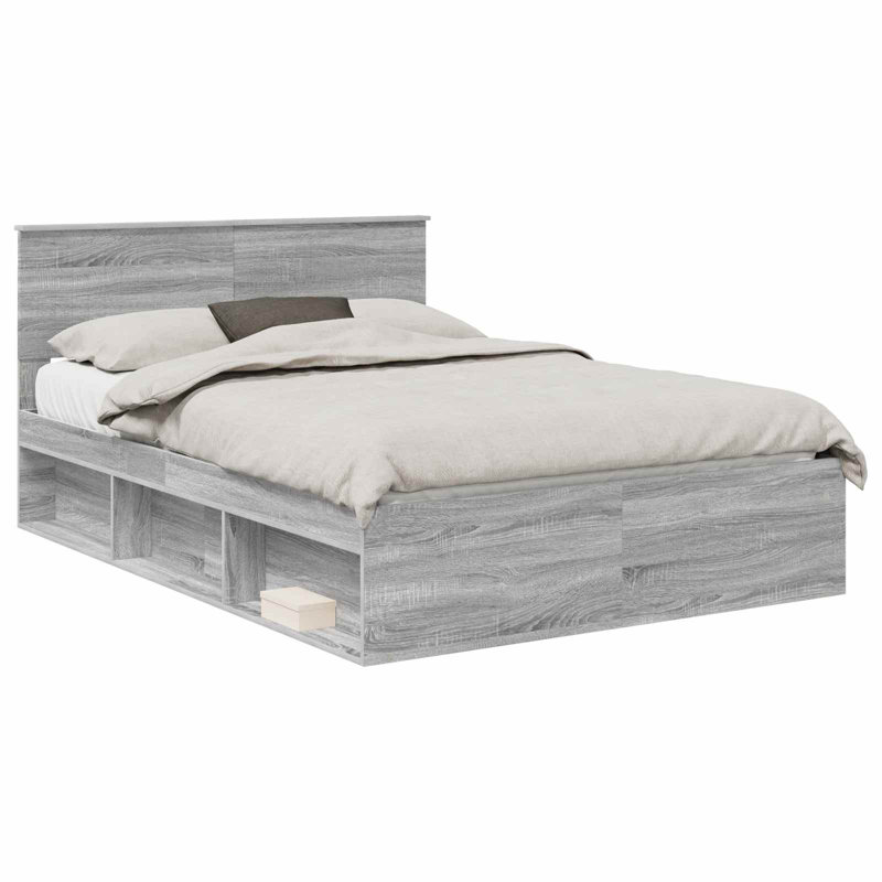 Solid Wood Bed, European Double (140 x 200 cm), Grey Sonoma