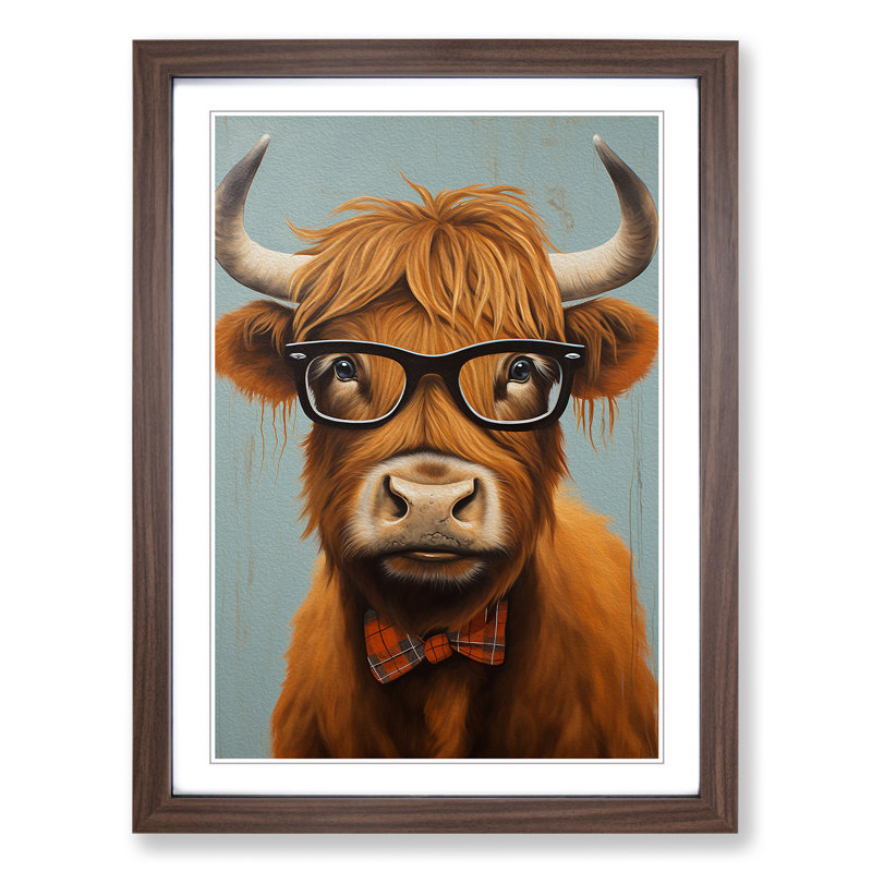Highland Cow With Glasses Painting Framed Print, Walnut Framed, 46cm H x 34cm W x 2cm D