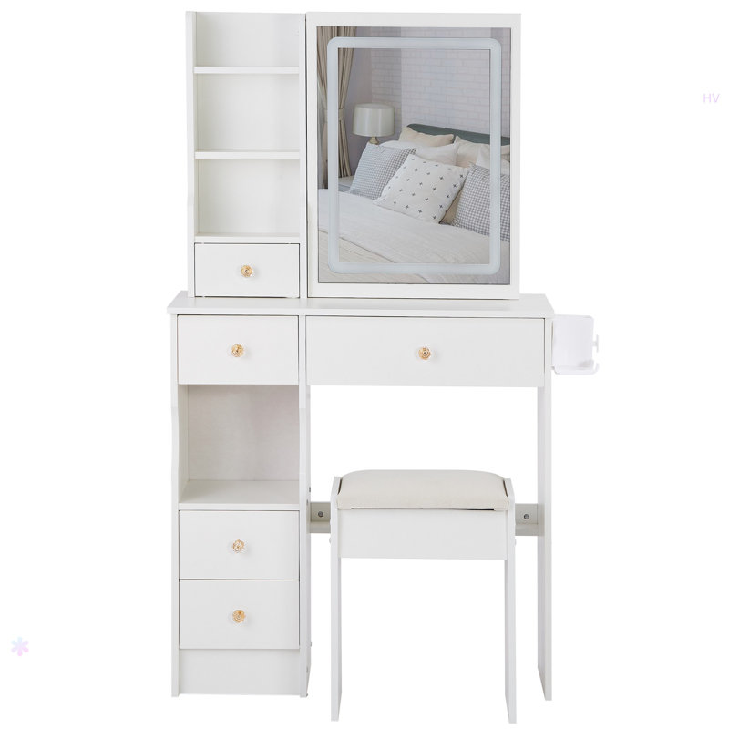 29.2" Small Left Drawer Desktop Vanity Table + Cushioned Stool