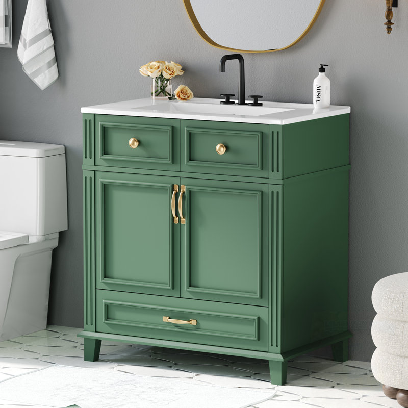 Meuble-lavabo de salle de bain avec lavabo, portes doubles et tiroir, Vert