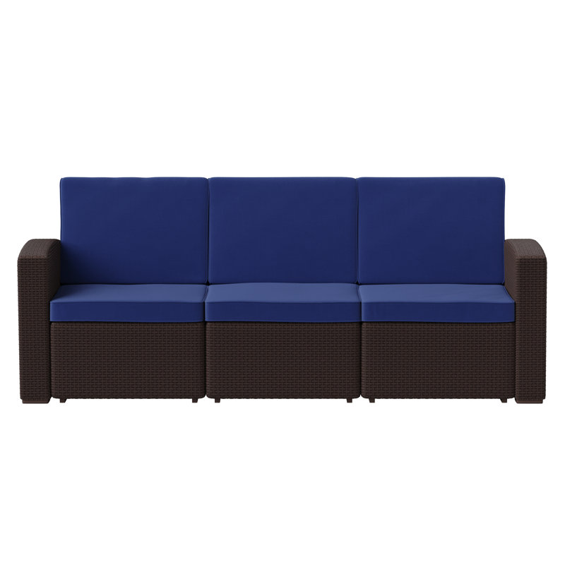 Alderman Faux Rattan Sofa with All-Weather Cushions, Brown/Navy