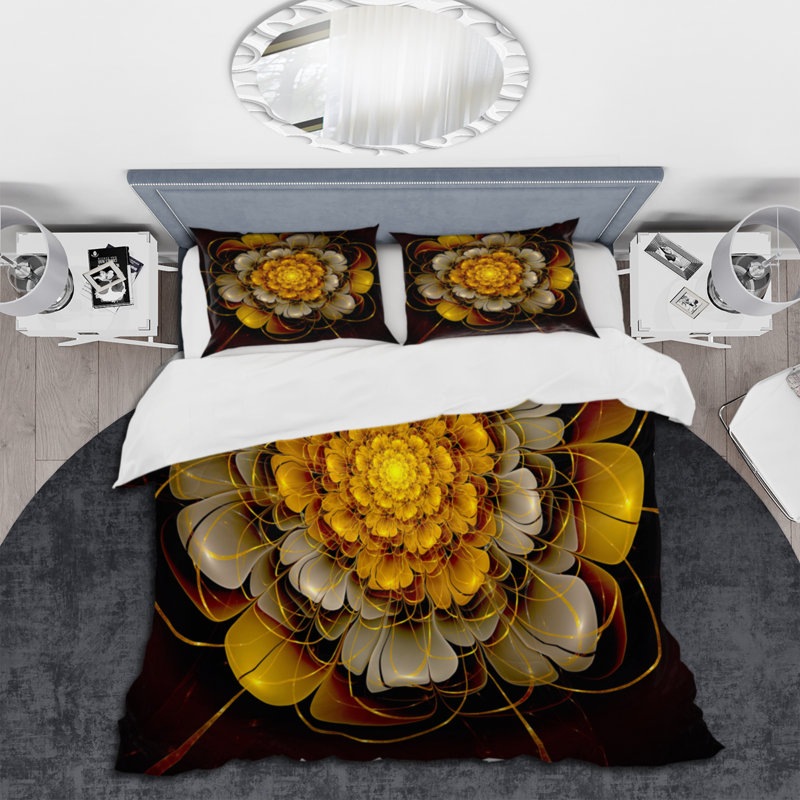 Fleur jaune fractale - ensemble de housse de couette moderne - polyester microfibre