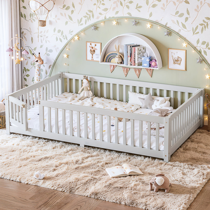 Lit grand format avec garde-corps et porte pour enfants, White, Queen