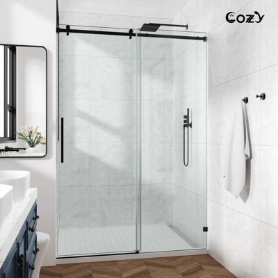 56-61" W X 76" H Frameless Single Sliding Shower Door with 3/8" (10mm) Clear Tempered Glass, Shatter-Resistant Film & Installation Hole Locator - Square Top Rail