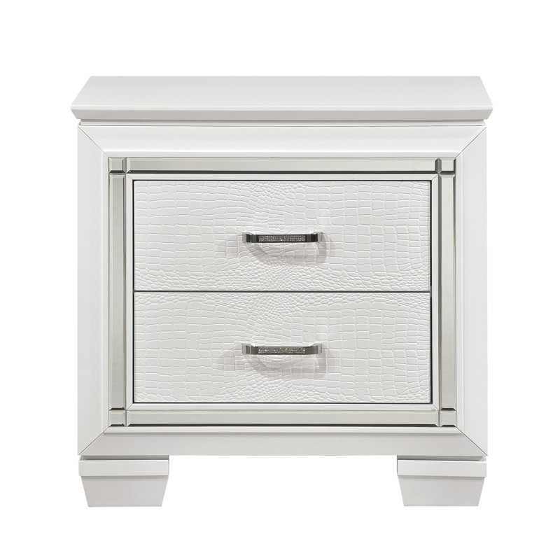 Table de chevet blanche avec 2 tiroirs, faux alligator et poignées en aluminium poli, tiroirs à bord miroir, Blanc