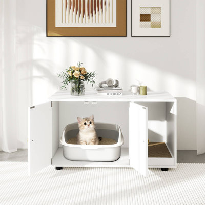 Wooden Cat Litter Box Enclosure, Hidden Litter Box Furniture with Scratching Board White