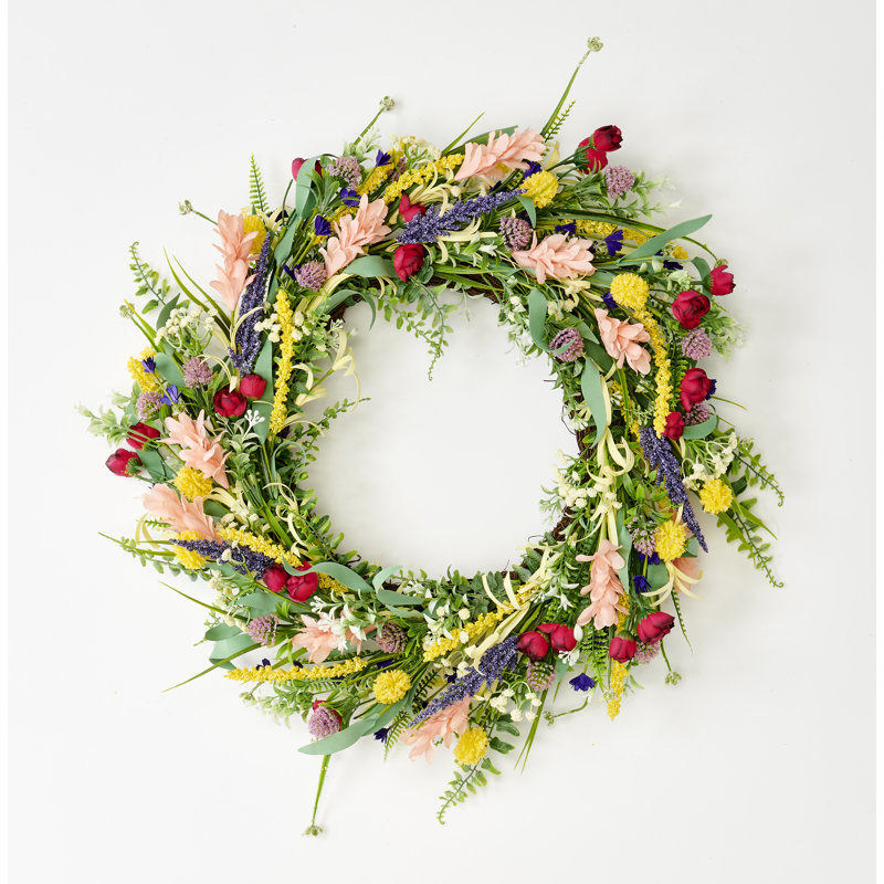 24" Artificial Spring Wildflowers Wreath on Natural Twig Base