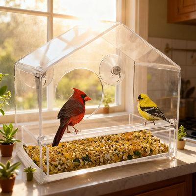Mangeoire pour fenêtre transparente en acrylique transparent avec ventouses robustes, plateau coulissant amovible pour un nettoyage facile, conception de maison résistante aux intempéries pour une vue rapprochée des oiseaux