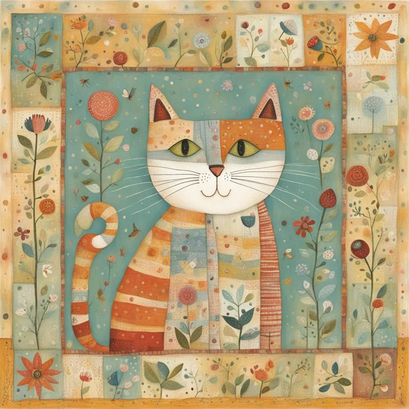 Patchwork Kitty Garden - Art populaire dans une courtepointe colorée