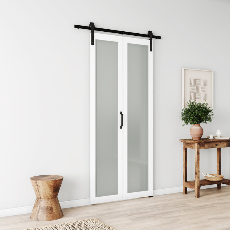 Porte de grange pliante en verre givré avec quincaillerie - Cadre en panneau de fibres à densité moyenne, panneau d'intimité givré, porte pliante intérieure pour la maison