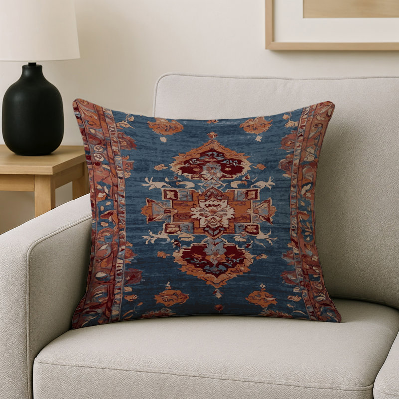 Coussin décoratif intérieur et extérieur Modern, Carré 16 po, Bleu / rouille / beige damassé 1