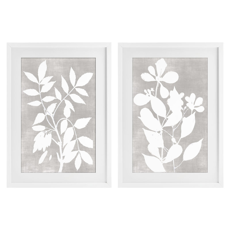 Grey Foliage Impression 2pc Framed Print Under Glass Set, design by Stellar Design Studio, 20" H x 14" W, Coastal White Frame