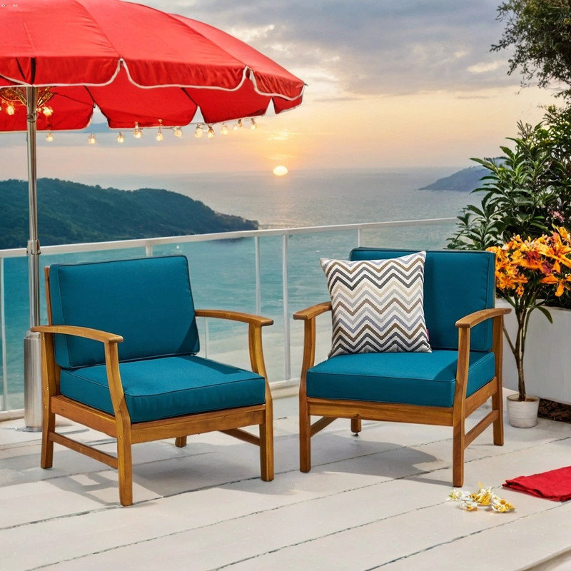 Ensemble de 2 fauteuils club d'extérieur en bois d'acacia avec coussins résistants à l'eau, dossier à lattes, Bleu