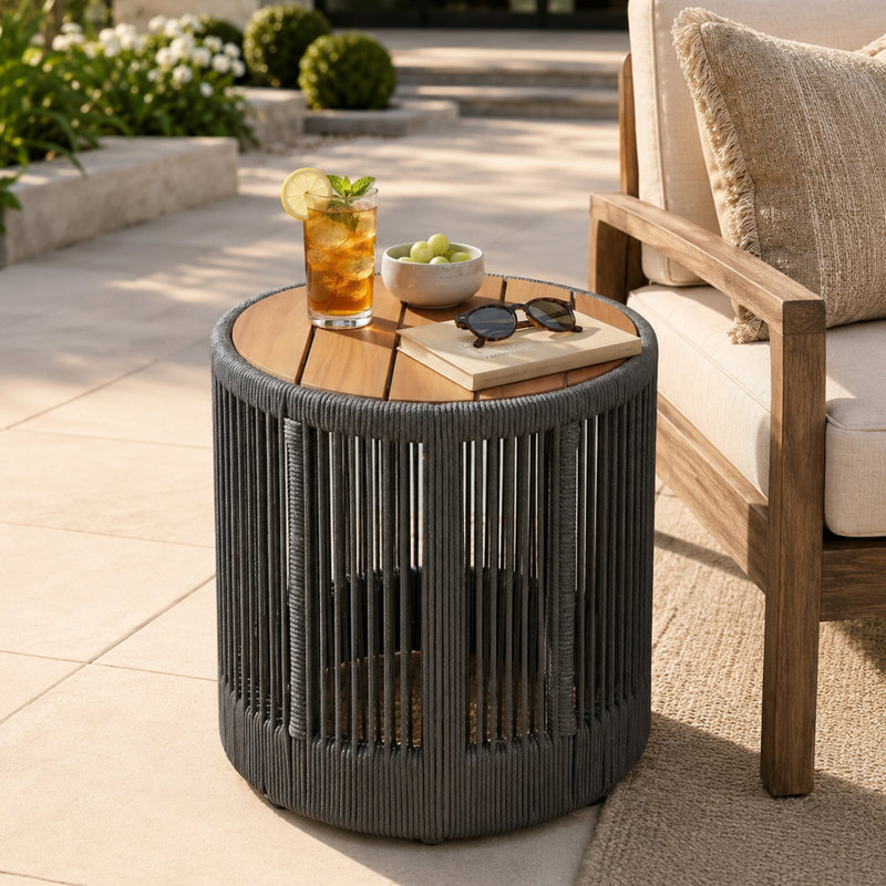 Table d'appoint d'extérieur avec plateau en bois d'acacia et corde, Brown / Gray