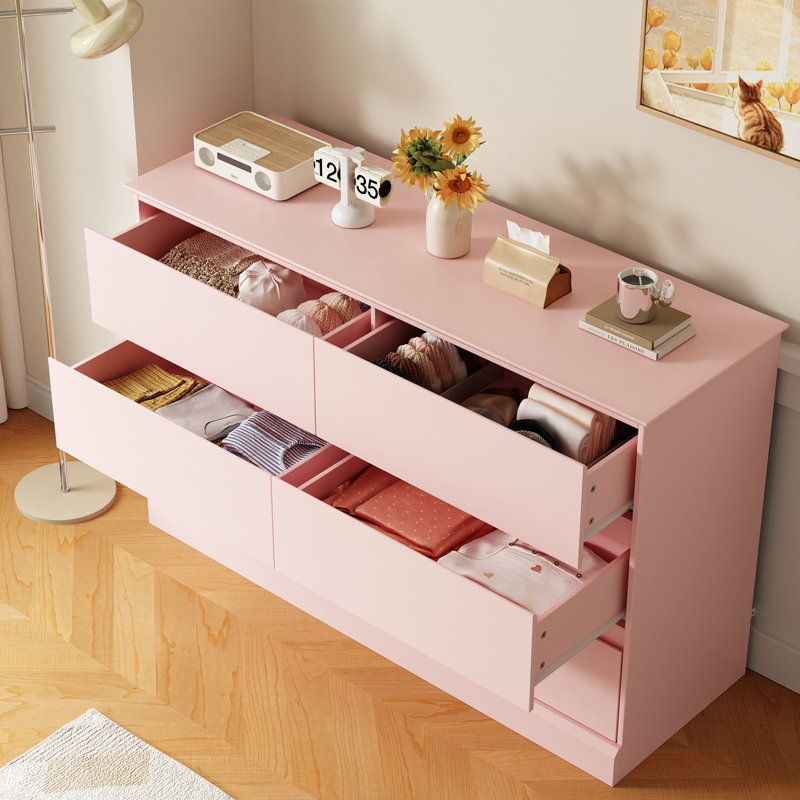 Commode double 6 tiroirs, l 47,3 po avec tiroirs profonds pour chambre à coucher, Rose