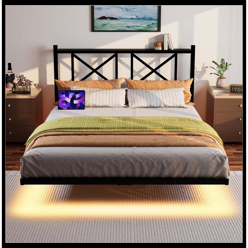 Cadre de lit flottant pour grand lit avec tête de lit et rangement, cadre de lit plateforme avec station de charge USB et lumières DEL, lattes en acier robustes, assemblage facile, noir