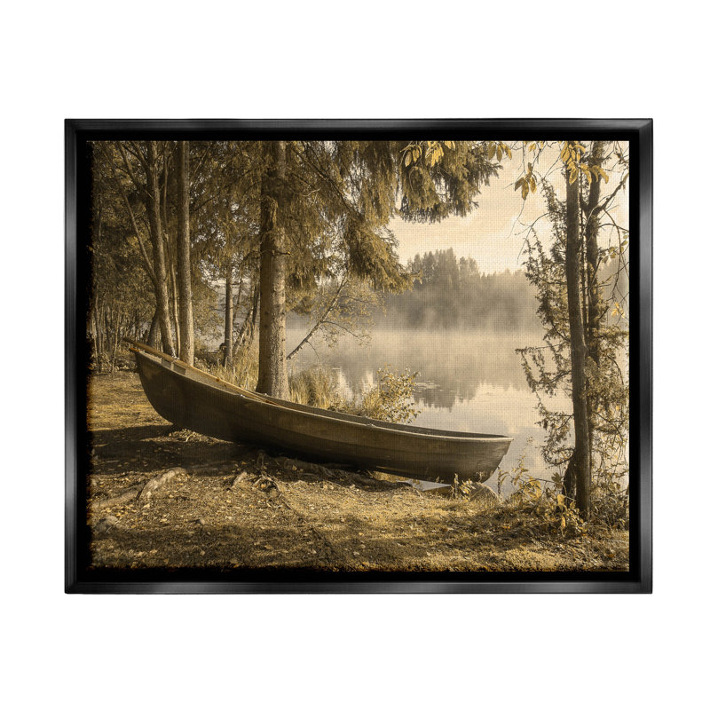 «Lakeside Canoe Forest Wilderness», art mural encadré par Lil 'Rue, H 17 po x l 21 po x P 1,7 po, Cadre flottant noir de jais