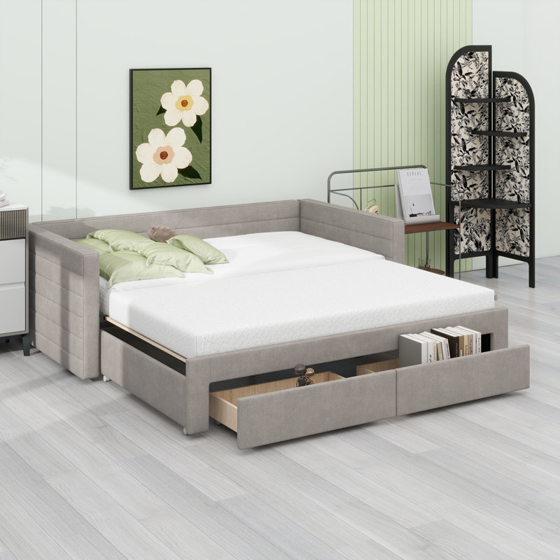 Upholstered Extendable Daybed Frame With Trundle, Gray