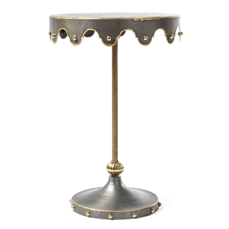Brown Iron Round Pedestal Accent Table with Brass Trim