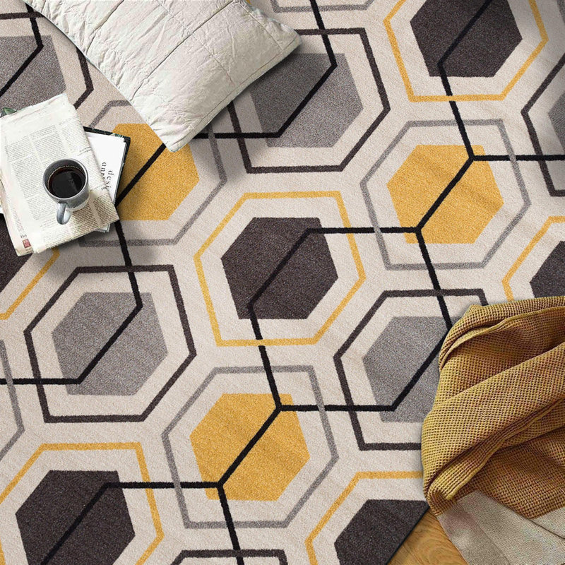 Rymann Geometric Yellow/Gray/Black Non-Slip Rubberback Area Rug, Rectangle 7'10" x 10'