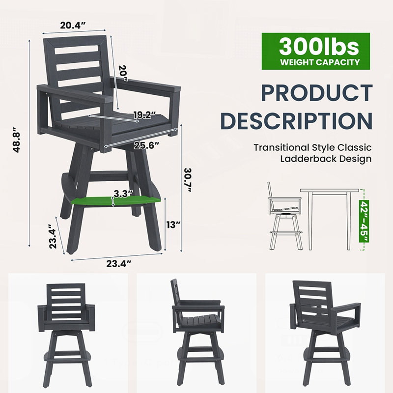 Outdoor Swivel Bar Stools, Slate Grey HDPE with 360° Swivel Ladderback, All-Weather Bar Height for Deck and Patio, Slate Gray