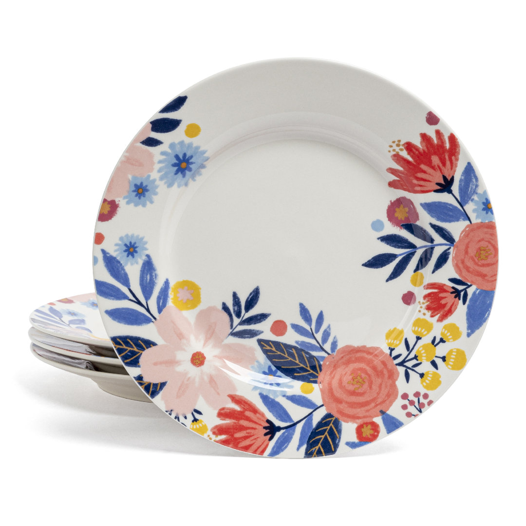 over&back x Jess Phoenix Hand-Finished Stoneware Dinner Plates with In-Glaze Floral Decal, Set of 4 over&back