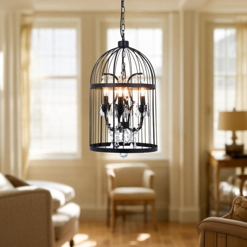 Lustre en cristal noir Birdcage - longueur réglable / base E12 / interrupteur mural