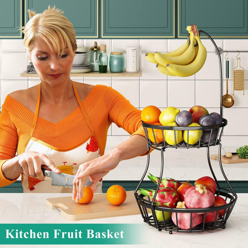 Grand bol à fruits à 2 niveaux pour comptoir de cuisine avec support à banane, rangement pour légumes empilable, grand support en métal pour légumes, oignons, pommes de terre et collation