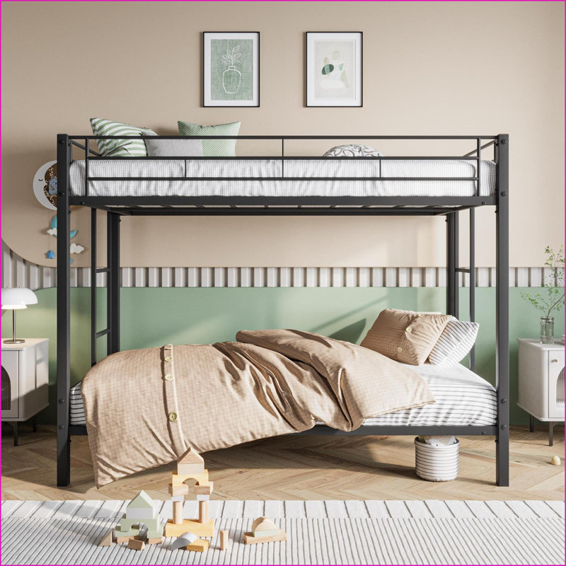 Structure de lit superposé simple au-dessus d'un lit simple avec barrière de sécurité, pas de sommier nécessaire, capacité de 400 lb - noir