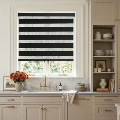 Cordless Window Blinds Light Filtering Zebra Blinds with Sturdy Aluminum Cover Roller Window Shades Dual Layer Light Control for Home & Office, Black, 34" W x 75" H