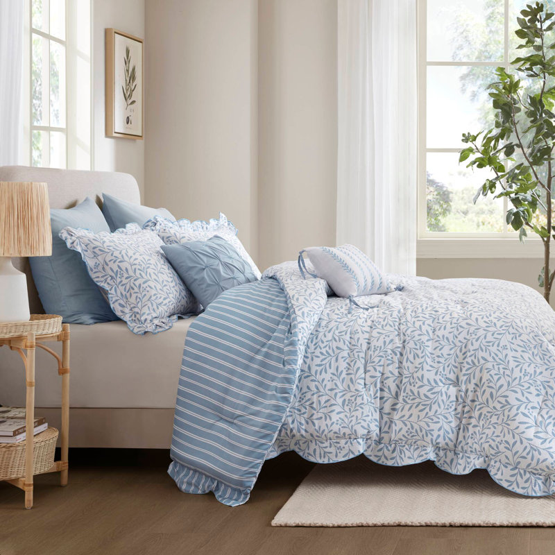 Ensemble d'édredon de style contemporain, Motif floral bleu, Édredon de grand lit + 4 pièces additionnelles