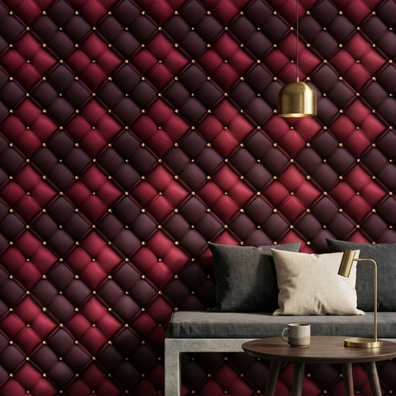 Papier peint géométrique matelassé rouge mural, Peel and Stick