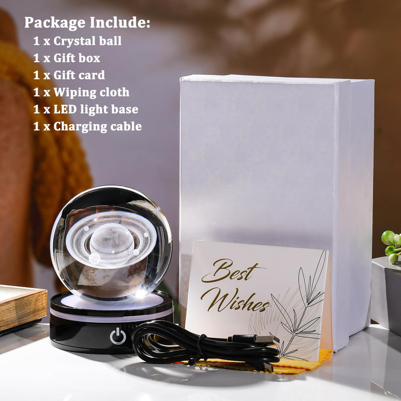 3D Saturn Crystal Ball with LED Base, Laser Engraved Glass Sphere for Gift.