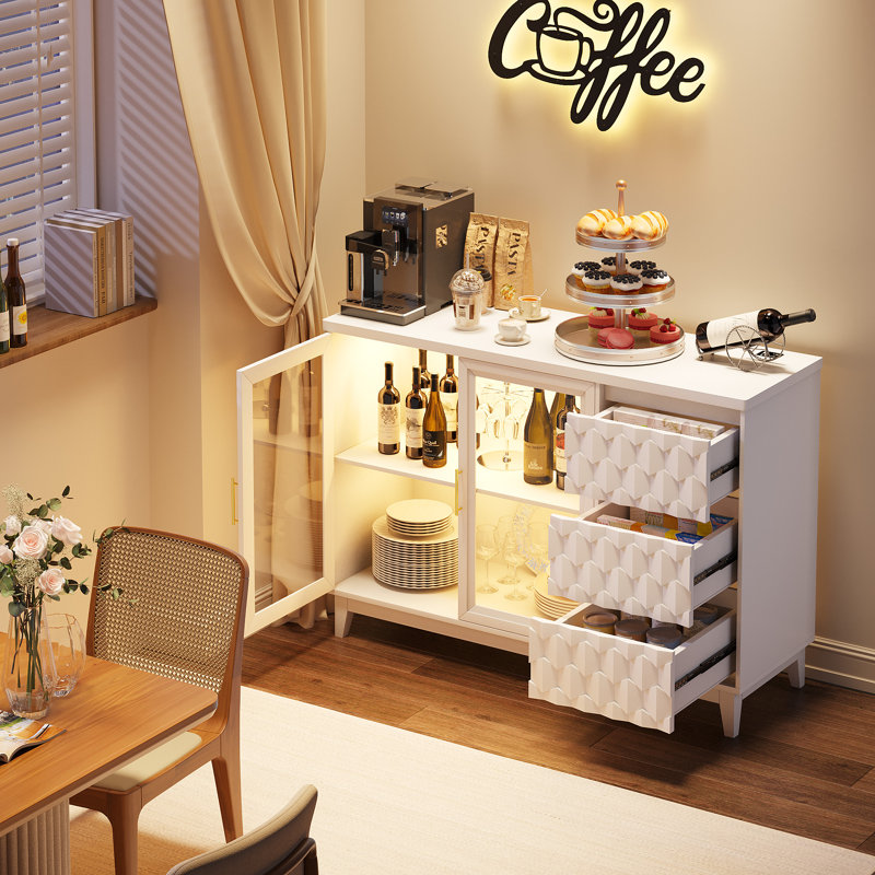 47.2"W 3-drawers Sideboard With Glass Door & 3-color LED Light, White